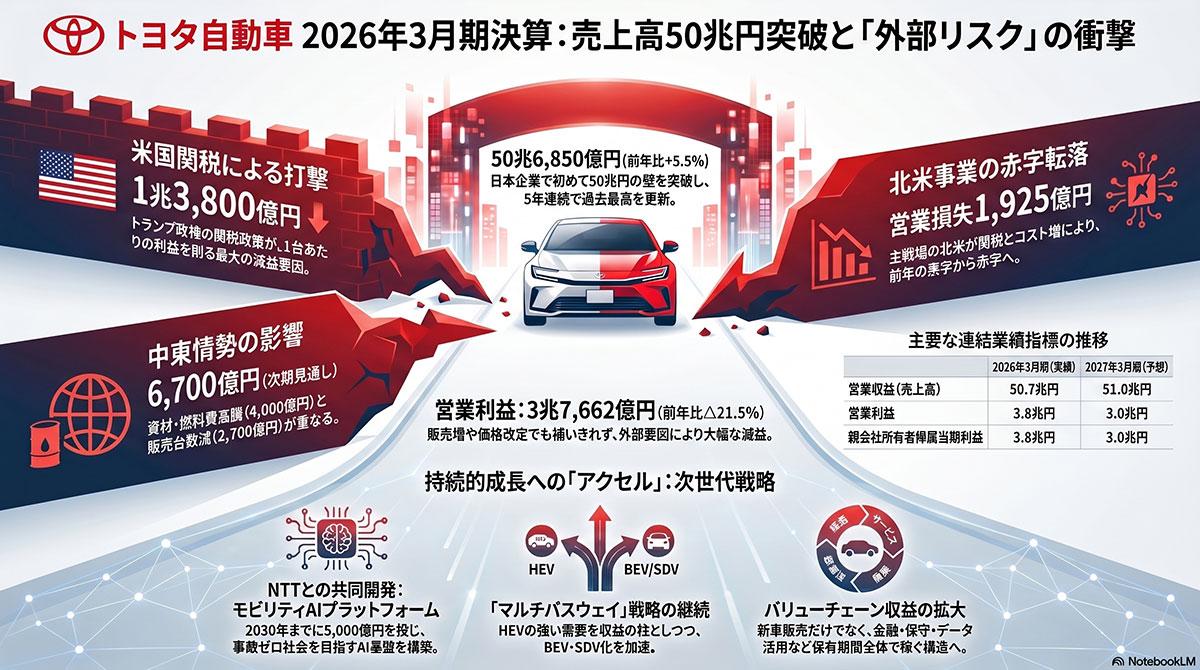 トヨタ2026年3月期決算、日本企業初売上高50兆円超も米関税等の影響で