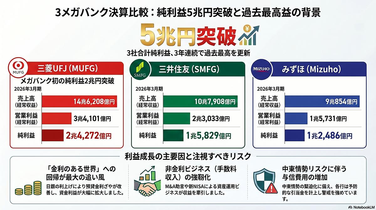 メガバンク3社、2026年3月期決算で純利益合計5兆円突破 金利上昇で増収