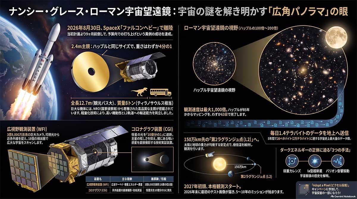 宇宙ページ NASAがローマン宇宙望遠鏡打ち上げ成功、ダークマター解明や第二の地球